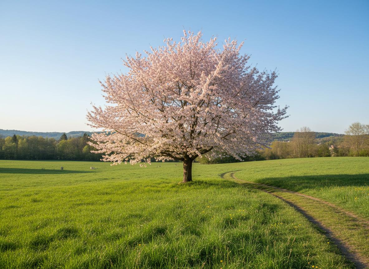 Blühender Kirschbaum auf einer grünen Wiese